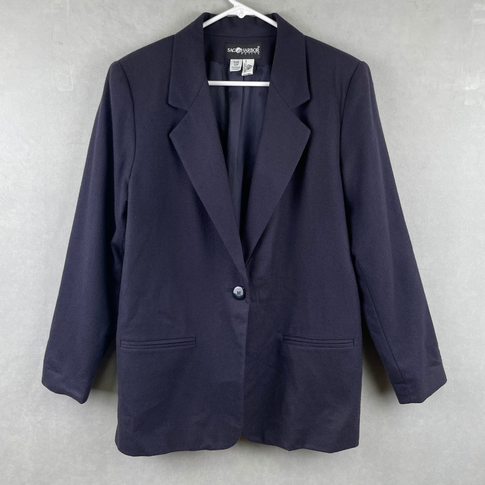 VTG Sag Harbor Petite Navy Blue 100% Wool Single Button Office Blazer Jacket 12P